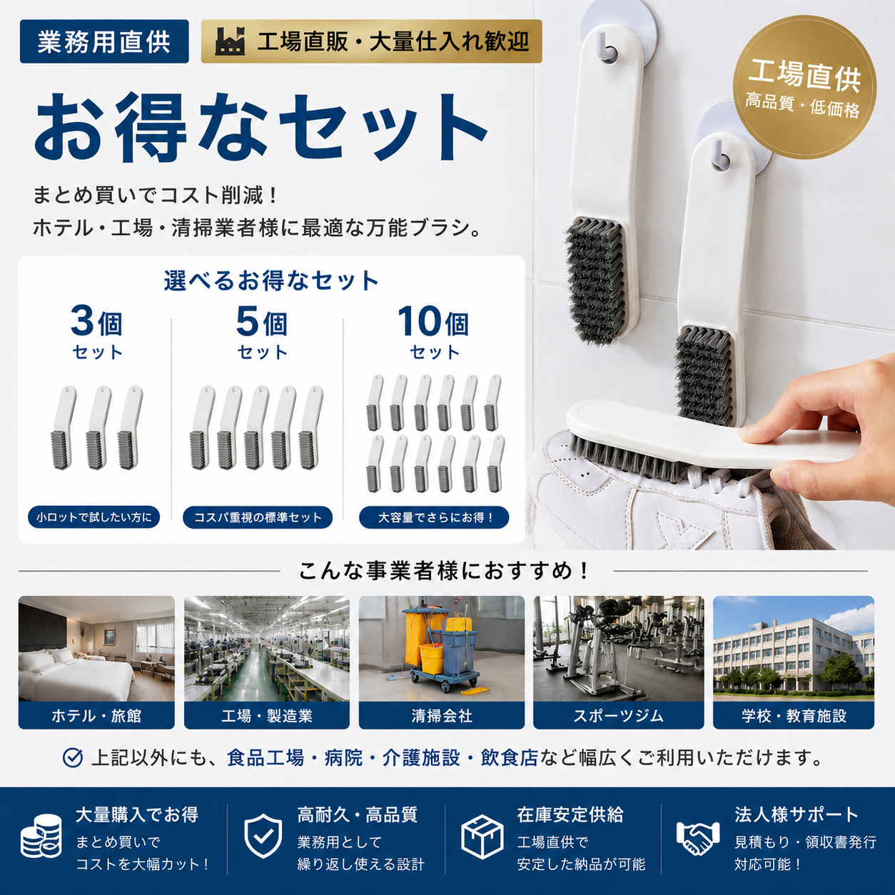 【業務用直供】多用途クリーニングブラシ 3個・5個・10個セット販売開始 — ホテル・工場・清掃業者様向け
